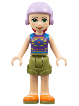 Friends Mia - Olive Green Shorts, Dark Purple Top with Diamonds and Triangles, Lavender Ski Helmet with Red Hair