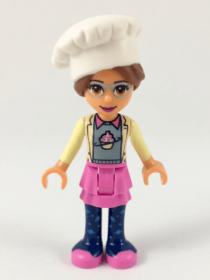 Friends Olivia (Nougat) - Dark Pink Skirt and Dark Blue Leggings, Sand Green Sweater with Bright Yellow Jacket, White Chef Toque with Hair