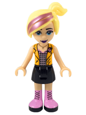 Friends Chloe - Black Skirt, Silver Top with Black and Bright Pink Squares, Bright Light Orange Vest