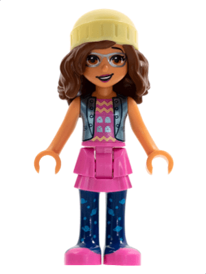 Friends Olivia (Nougat) - Dark Pink Skirt, Dark Blue Leggings, Bright Light Yellow Knit Cap