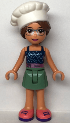 Friends Olivia (Nougat) - Sand Green Skirt, Dark Blue Top with Metallic Pink Belt, White Chef Toque with Hair