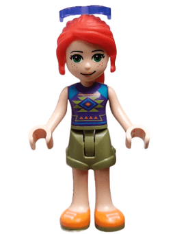 Friends Mia - Olive Green Shorts, Orange Shoes, Dark Purple Top with Diamonds and Triangles, Trans-Purple Sunglasses