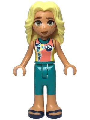 Friends Dia - Coral and Yellow Wetsuit with Dolphin / Whale Logo and Triangles, Dark Turquoise Trousers, Dark Blue Sandals