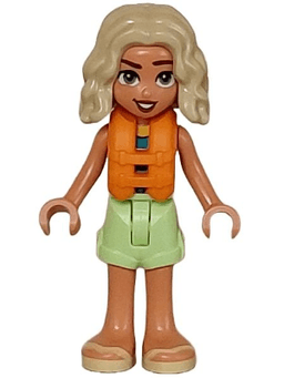 Friends Nova - Yellowish Green Shorts over Coral, Dark Turquoise and Dark Blue Swimsuit, Orange Life Jacket, Bright Light Yellow Sandals