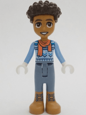 Friends Aron (Aaron) - Bright Light Blue Sweater, Coral Scarf, Sand Blue Trousers, Medium Nougat Boots