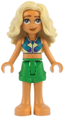 Friends Sage - Dark Turquoise, Yellowish Green and Dark Purple Sleeveless Top, Bright Green Shorts, Bare Feet