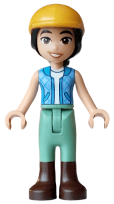 Friends Liann - Dark Azure and Bright Light Blue Vest  over White Top, Sand Green Trousers, Dark Brown Boots, Bright Light Orange Horse Riding Helmet
