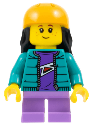 Child - Girl, Dark Turquoise Jacket over Dark Purple Shirt, Medium Lavender Short Legs, Bright Light Orange Sports Helmet, Black Long Hair