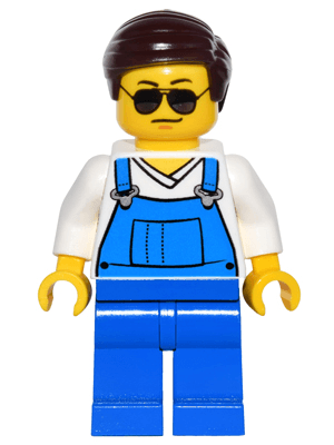 LEGO Overalls Blue over V-Neck Shirt Dark Brown Smooth Hair Black and Silver Sunglasses Blac (game016) Promotional Minifigure