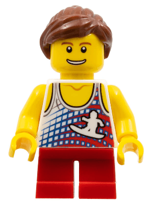 LEGO Tank Top with Surfer Silhouette Red Short Legs Reddish Brown Ponytail and Swept Sideways (gen061) Promotional Minifigure