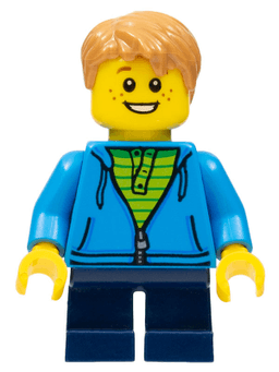 LEGO Boy Dark Azure Hoodie with Green Striped Shirt Dark Blue Short Legs Freckles Medium Nougat Hair (gen112) minifigure