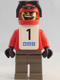 Snowboarder, Red Shirt, Dark Gray Legs, White Vest, Number 1 Sticker on Both Sides