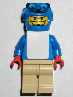 Snowboarder, Blue Shirt, Tan Legs, White Vest