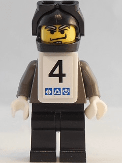 Snowboarder, Dark Gray Shirt, Black Legs, Black Helmet, White Vest, Number 4 Sticker on Both Sides