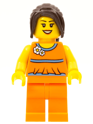 LEGO Orange Halter Top with Medium Blue Trim and Flowers Pattern Dark Brown Hair Ponytail Long with (hol015) City Minifigure