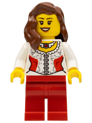 LEGO White Lace Blouse with Red Side Panels and Ruby Necklace Reddish Brown Female Hair over Shoulde (hol022) City Minifigure