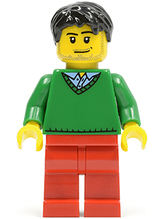 LEGO Green V-Neck Sweater Black Short Tousled Hair Smirk and Stubble Beard (hol023) City Minifigure