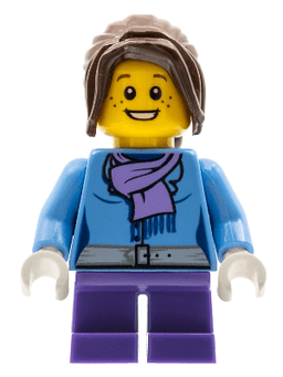 LEGO Medium Blue Jacket with Light Purple Scarf Dark Purple Short Legs Dark Brown Hair Ponytail Long with Side Bangs (hol026) minifigure