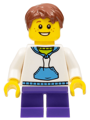 Child - Boy, White Hoodie with Medium Blue Pocket, Dark Purple Short Legs, Reddish Brown Hair, Freckles