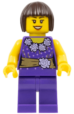 Female Dark Purple Blouse with Gold Sash and Flowers, Dark Purple Legs, Dark Brown Bob Cut Hair