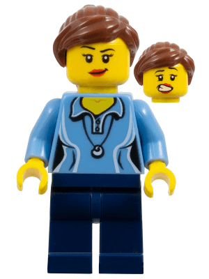 LEGO Medium Blue Female Shirt with Two Buttons and Shell Pendant Reddish Brown Ponytail and Swept Si (hol055) City Minifigure