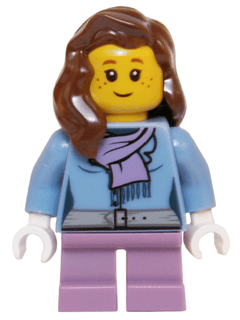 LEGO Medium Blue Jacket with Light Purple Scarf Medium Lavender Short Legs Reddish Brown Female Hair (hol059) City Minifigure