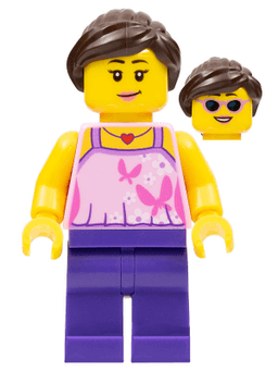 LEGO Girl Bright Pink Top with Butterflies and Flowers Dark Purple Legs Dark Brown Hair Ponytail and Swept Sideways Fringe (hol083) minifigure