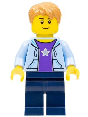 LEGO Boy Bright Light Blue Hoodie with White Star Medium Nougat Hair Short Tousled with Side Part (hol084) City Minifigure