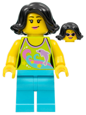 LEGO Female Lime Halter Top with Dolphin Pattern Medium Azure Legs Black Female Hair Short Swept Sid (hol089) City Minifigure