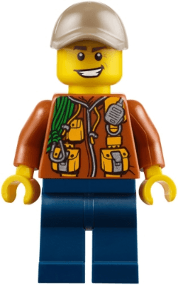 City Jungle Explorer - Dark Orange Jacket with Pouches, Dark Blue Legs, Dark Tan Cap with Hole, Big Smile