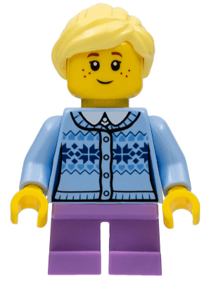 Girl - Fair Isle Sweater, Bright Light Yellow Ponytail, Lavender Legs Short, Freckles