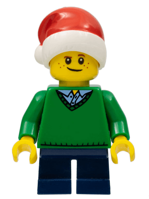 Child - Boy, Green V-Neck Sweater, Dark Blue Short Legs, Santa Hat