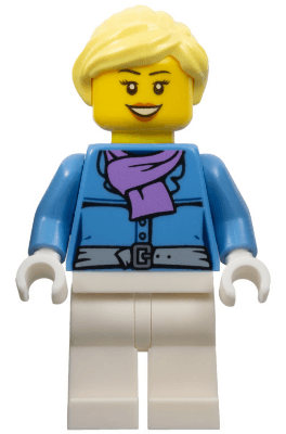 Female, Jacket with Medium Lavender Scarf, White Legs, Bright Light Yellow Ponytail, Open Mouth Smile