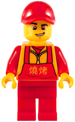 LEGO Food Vendor Red Cap and Apron Bright Light Orange Chinese Logogram '烧烤' (Barbecue) (hol183) City Minifigure
