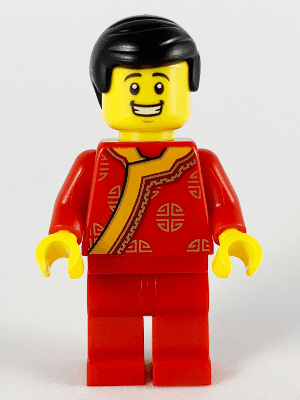 LEGO Toy Vendor Black Hair Red Changshan with Bright Light Orange Wide Hem Gold Circles Pattern (hol186) City Minifigure