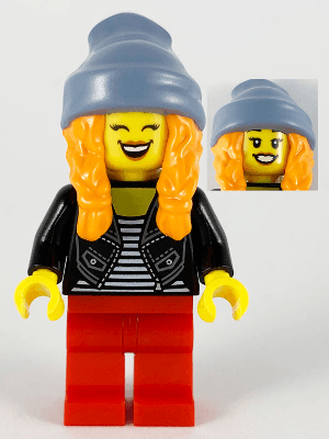 LEGO Woman Sand Blue Beanie Orange Braids Striped Shirt (hol191) City Minifigure