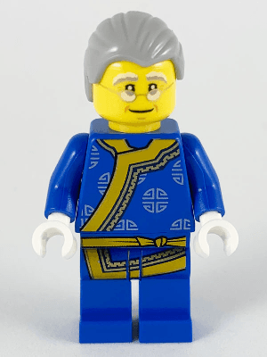 Shadow Puppeteer, Light Bluish Gray Hair, Glasses, Blue Changshan with Yellow Hem and Sash, Silver Circles Pattern