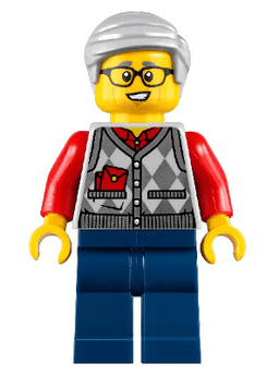 LEGO Grandfather Argyle Cardigan over Red Shirt Light Bluish Gray Hair (hol221) minifigure