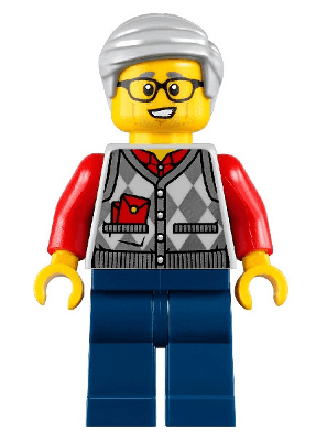 Grandfather, Argyle Cardigan over Red Shirt, Dark Blue Legs, Light Bluish Gray Hair