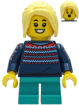 Girl - Dark Blue Knit Sweater, Dark Turquoise Short Legs, Bright Light Yellow Hair