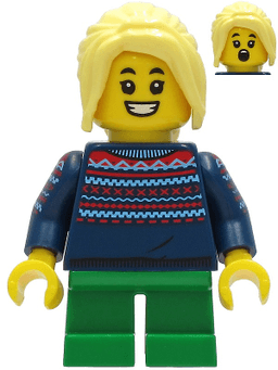 Girl - Dark Blue Knit Sweater, Green Short Legs, Bright Light Yellow Hair