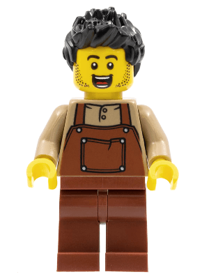 LEGO Man Black Spiked Hair Dark Tan Shirt Reddish Brown Overalls and Legs (hol260) City Minifigure