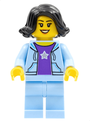 LEGO Woman Black Hair Bright Light Blue Jacket Dark Purple Star Shirt Bright Light Blue Legs (hol261) City Minifigure