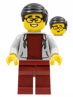LEGO Man Black Hair Glasses Light Bluish Gray Hoodie Dark Red Shirt and Legs (hol274) minifigure