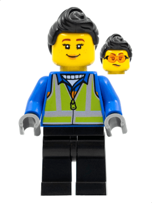 LEGO Woman Black Hair Blue Coat Lime Safety Vest (hol279) City Minifigure