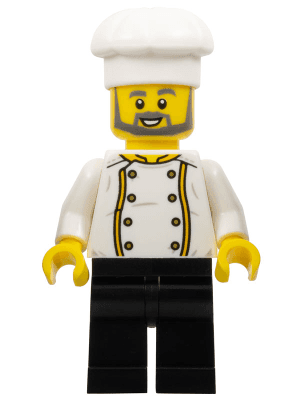 Chef - Jacket with Bright Light Orange Trim, Gold Buttons and Dragon on Back, Black Legs, Dark Bluish Gray Beard