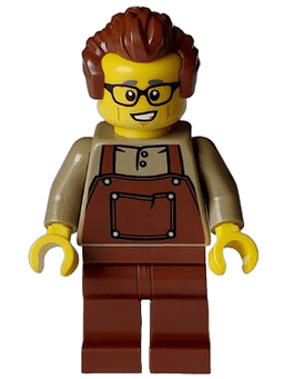 Man - Reddish Brown Hair, Dark Tan Shirt, Reddish Brown Overalls and Legs, Black Glasses