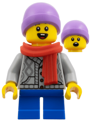 Boy - Medium Lavender Beanie, Red Scarf, Light Bluish Gray Cardigan, Blue Short Legs