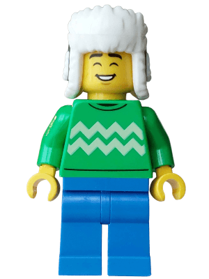 Customer Hot Chocolate Stand - Male, Bright Green Sweater with Bright Light Yellow Zigzag Lines, Blue Legs, Dark Blue Ushanka Hat