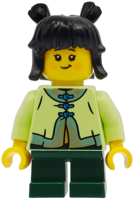 Child - Girl, Yellowish Green Tang Jacket, Dark Green Short Legs, Black Hair with Buns